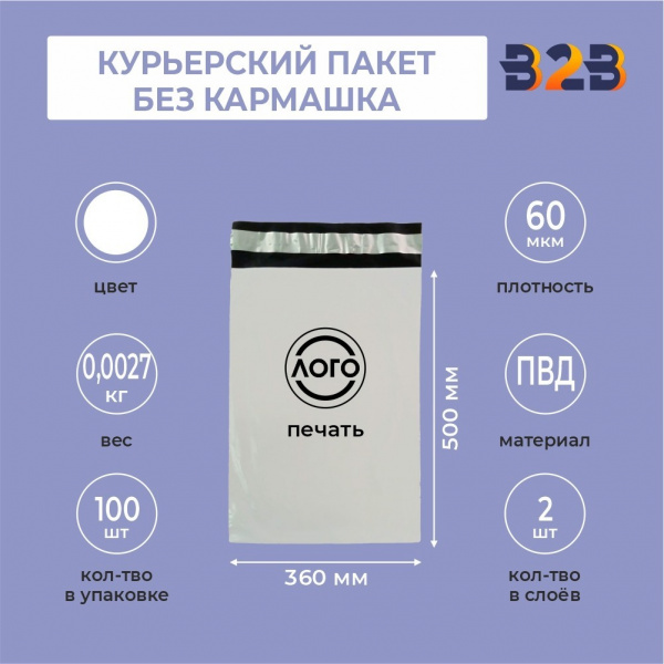 КУРЬЕРСКИЙ ПАКЕТ 360*500 ММ (60 МКМ, БЕЗ КАРМАШКА) С ВАШИМ ЛОГОТИПОМ