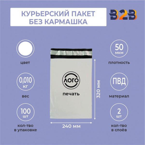 КУРЬЕРСКИЙ ПАКЕТ 240*320 ММ (50 МКМ, БЕЗ КАРМАШКА) С ВАШИМ ЛОГОТИПОМ