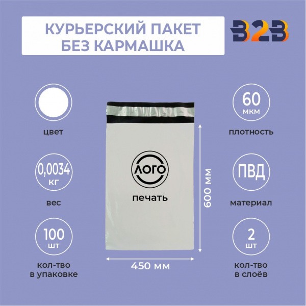 КУРЬЕРСКИЙ ПАКЕТ 450*600 ММ (60 МКМ, БЕЗ КАРМАШКА) С ВАШИМ ЛОГОТИПОМ