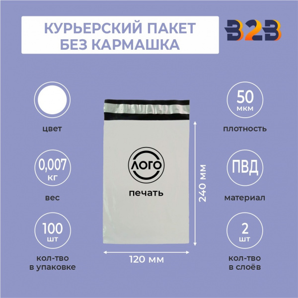 КУРЬЕРСКИЙ ПАКЕТ 120*240 ММ (50 МКМ, БЕЗ КАРМАШКА) С ВАШИМ ЛОГОТИПОМ