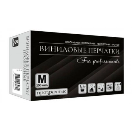 Перчатки виниловые неопудренные, нестерильные, прозрачные M,100шт./уп